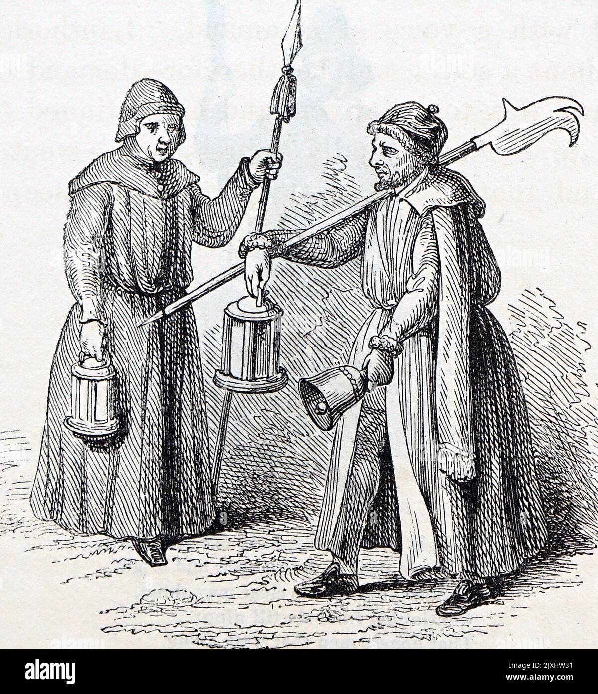 Illustration depicting London watchmen with lanterns and bells. Dated 17th Century Stock Photo