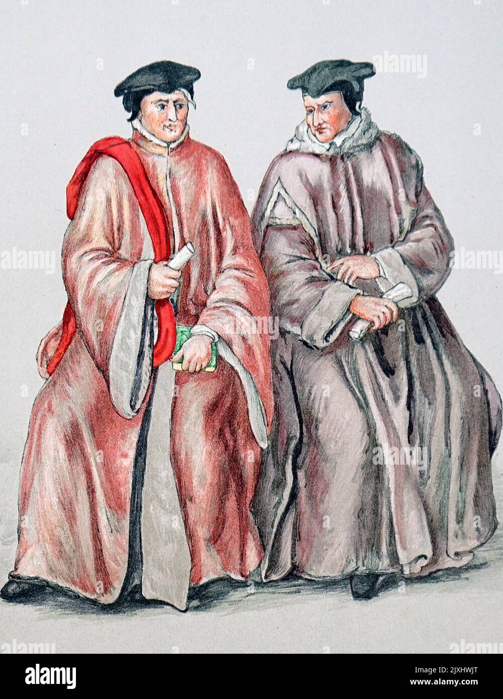 Colour portrait of 16th Century Judges in their Robes. Dated 16th Century Stock Photo