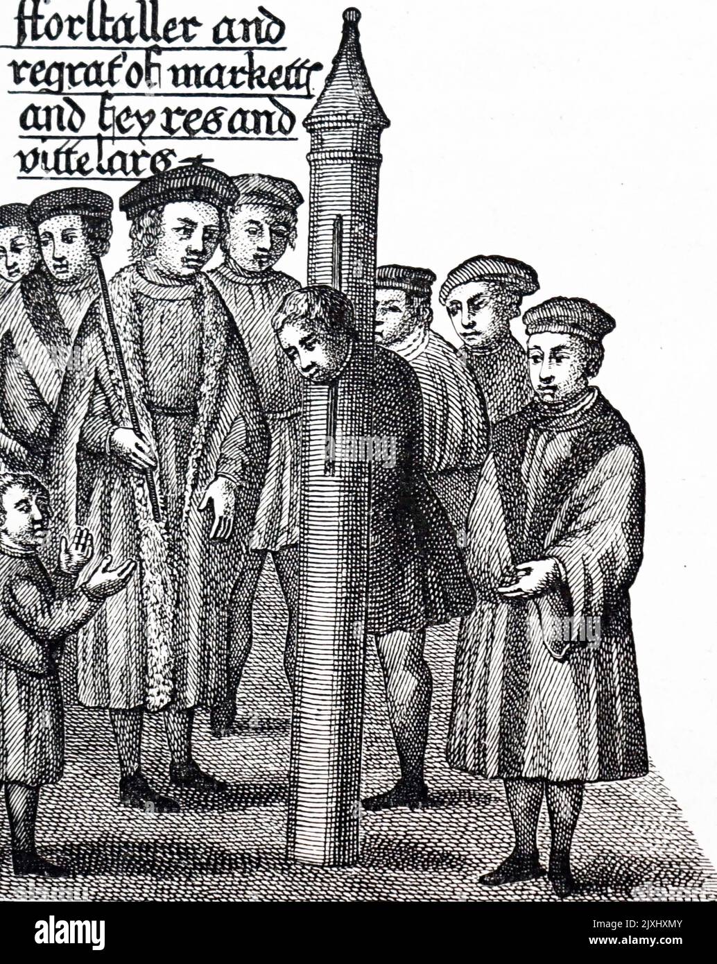 Woodcut print depicting punishment by the stocks. Dated 16th Century