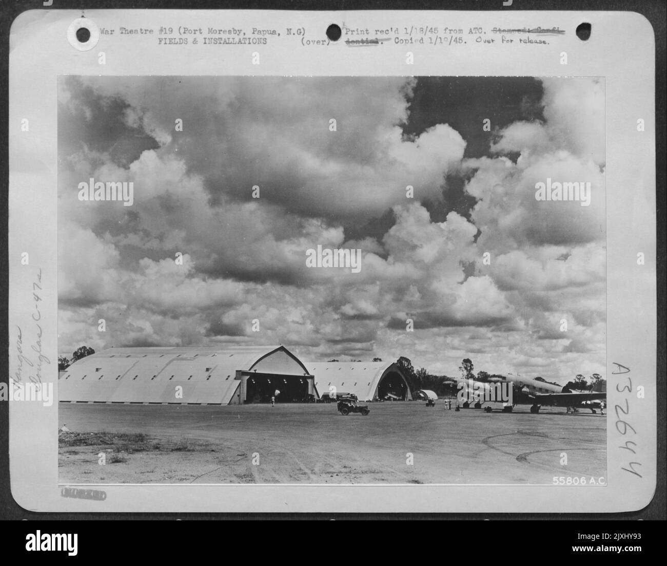 Ward Field Hangars & parked planes at Wards Field, Port Moresby, Papua, New Guinea ...