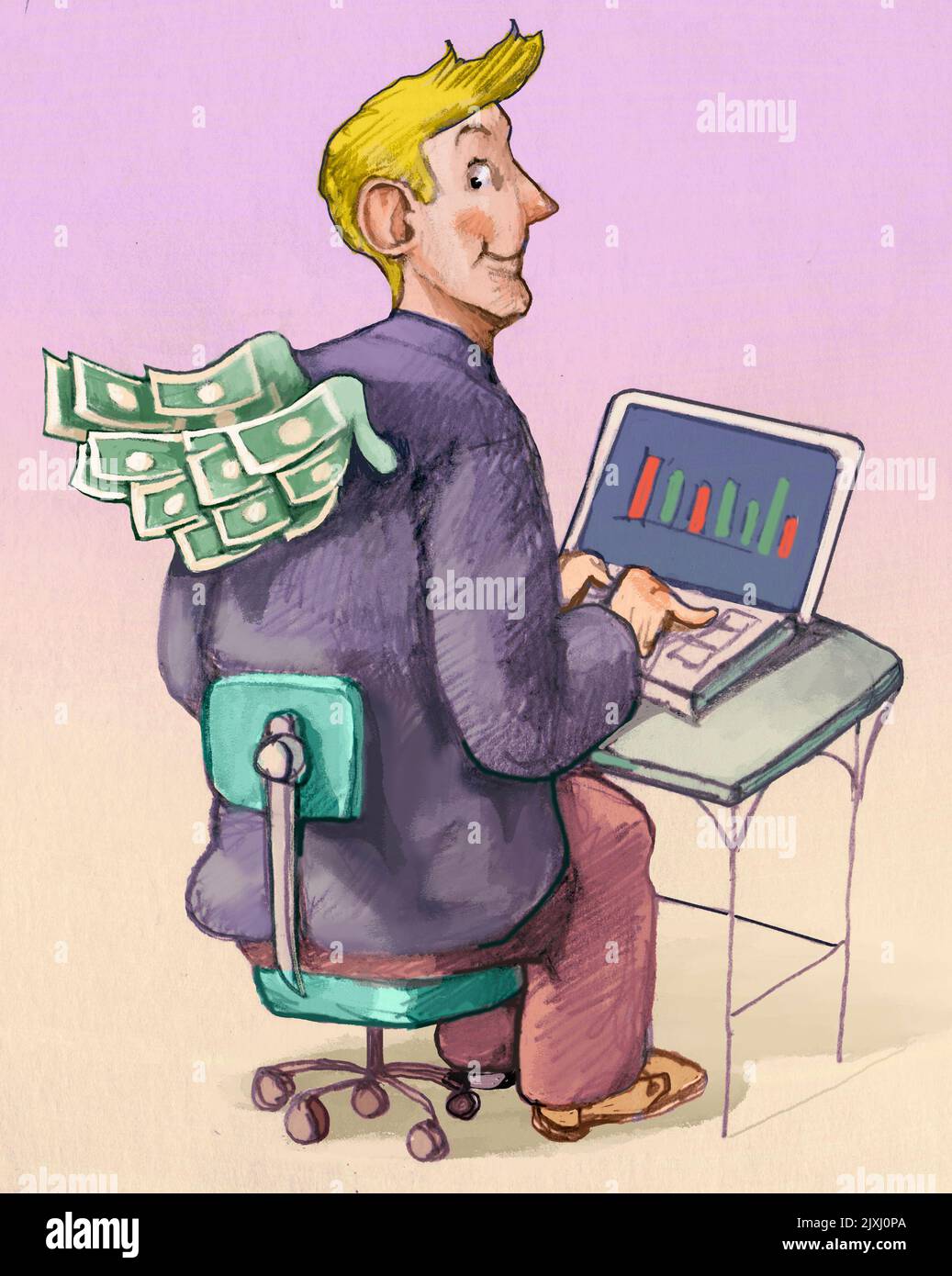 man in front of a computer is trading on his shoulders sprouting wings made of banknotes online trading concept Stock Photo