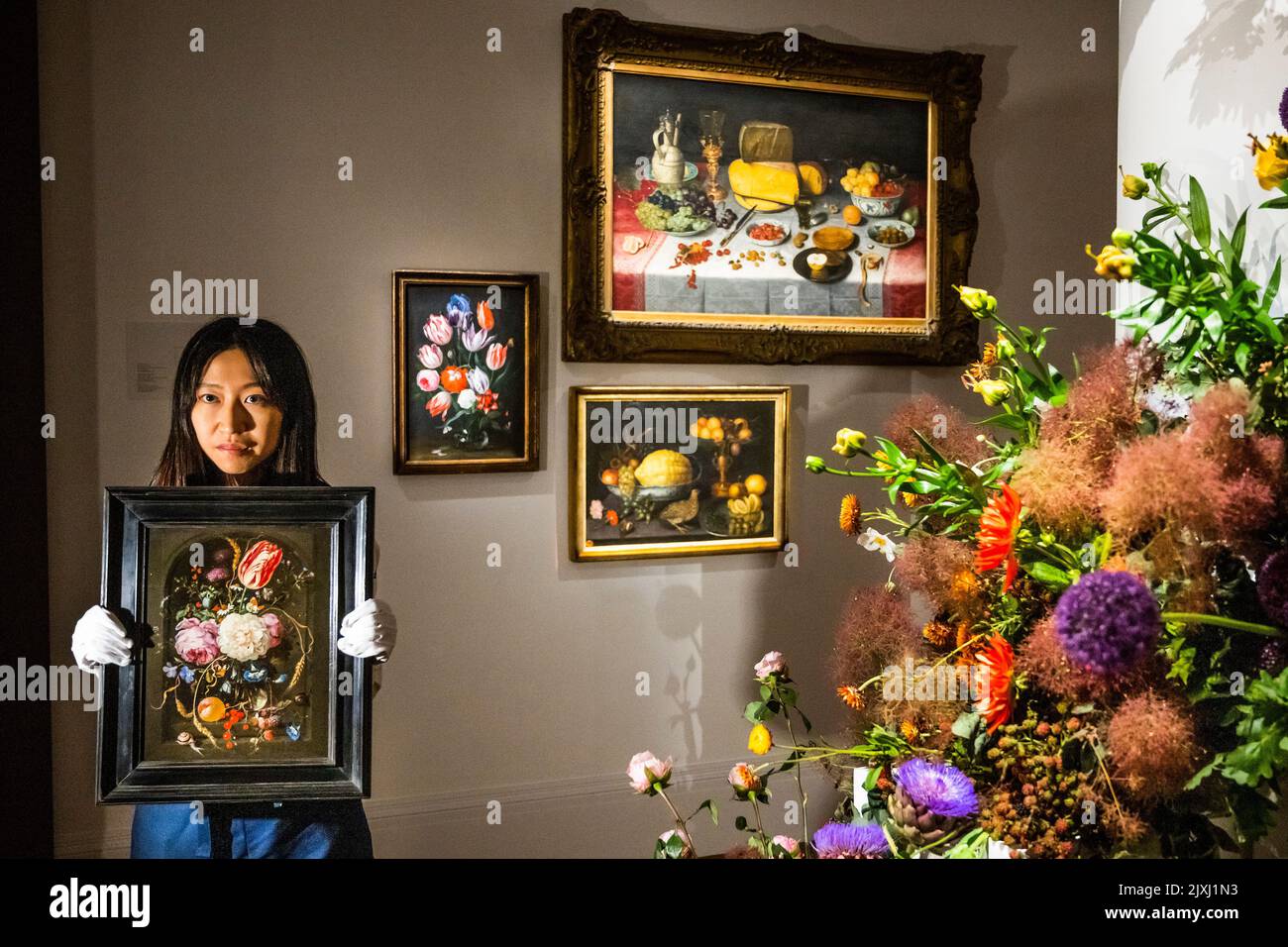 London, UK. 7 Sep 2022. Still life of flowers in a glass vase in a ...