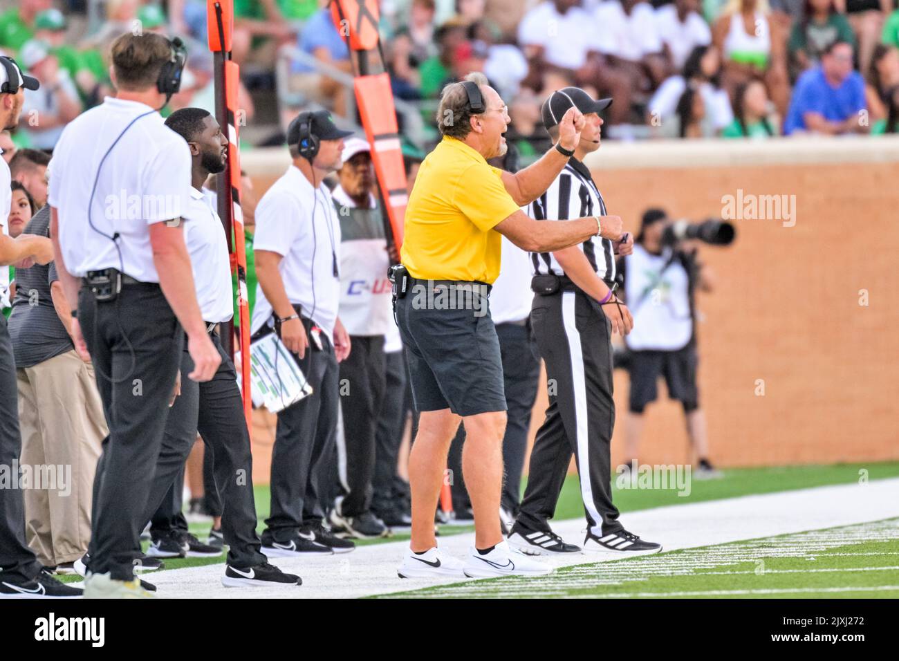DENTON, TX - September 3rd: .Defensive Coordinator Phil Bennett on the UNT sideline In a game between North Texas Mean Green vs SMU Mustangs at Apogee Stadium in Denton on September 3rd, 2022 in Denton, Texas. .CSM/Manny Flores Stock Photo