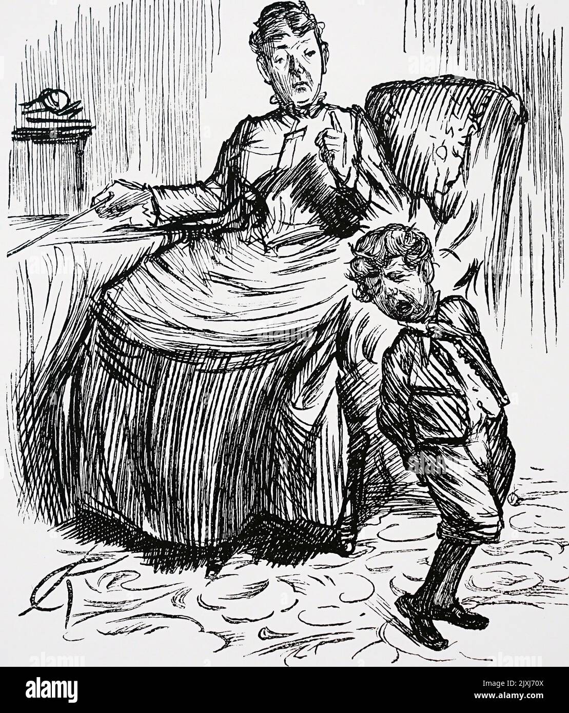 Cartoon depicting a mother punishing her naughty boy. Illustrated by Charles Samuel Keene (1823-1891) an English artist and illustrator. Dated 19th Century Stock Photo