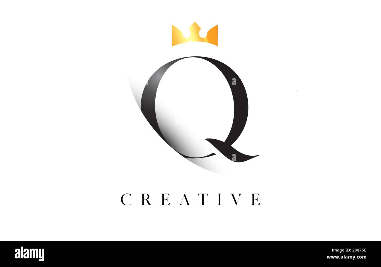 Q Letter Logo Design with Golden Luxury Royal Crown Icon and Shadow Letter Vector. Serif Font q Logo Elegant Minimalist Design. Stock Vector