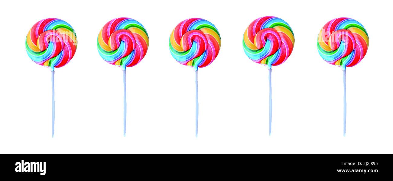 lollipop, Colorful rainbow lollipop swirl on plastic stick isolated on