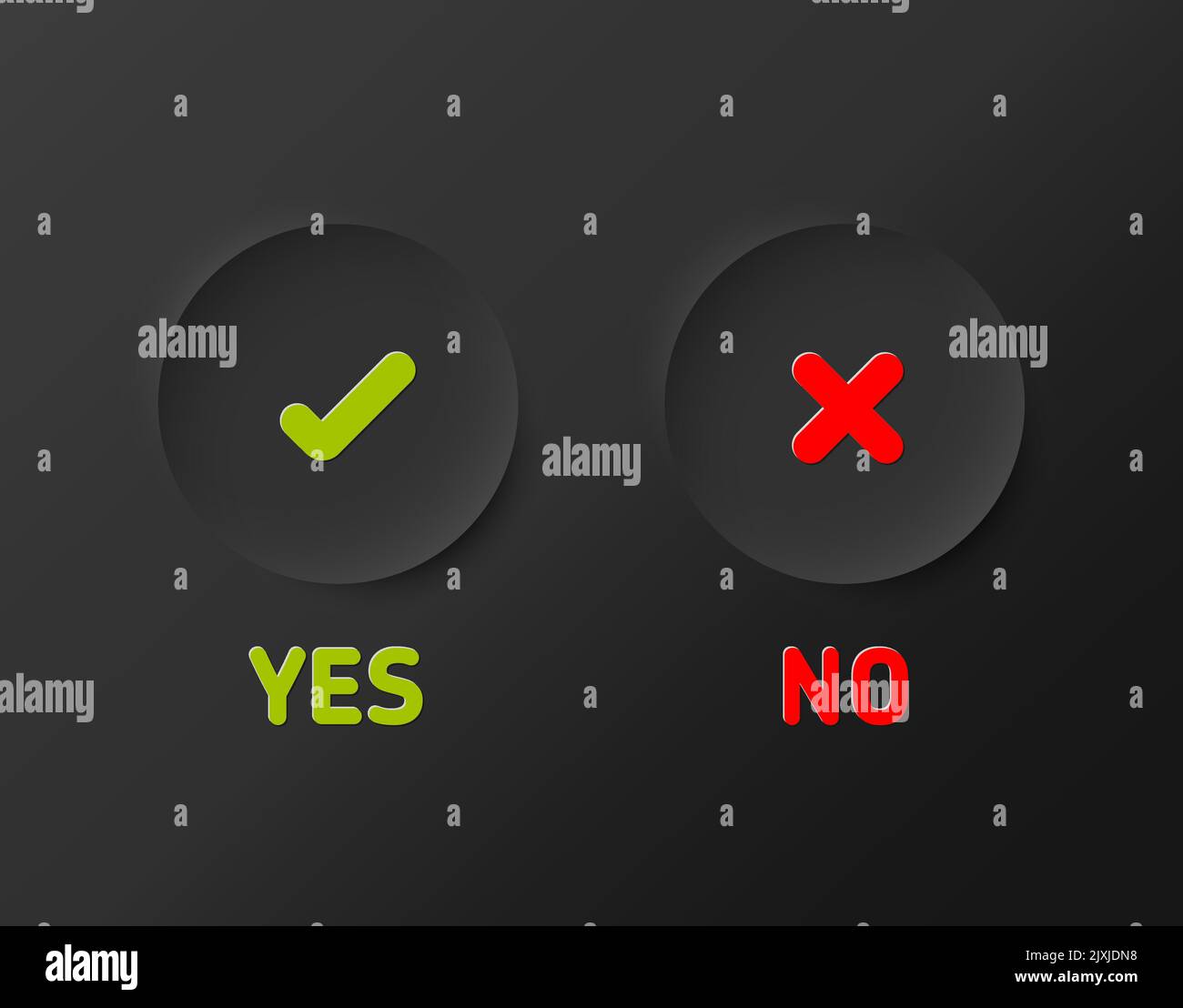 Set of fresh minimalist dark icons for various status - yes, no, accept, cancel in dark gray relief circles on black gradient background - green and r Stock Vector