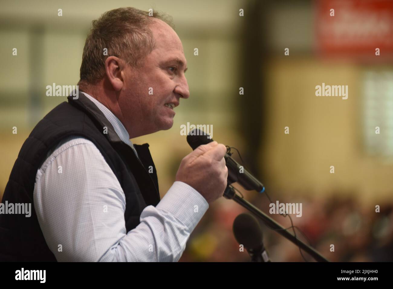 Barnaby Joyce is seen speaking during a public general meeting organised by  The Western Australian Farmers Federation (WAFarmers) at the Katanning  Leisure Centre in Katanning, WA, Friday, July 20, 2018. (AAP Image/Andy