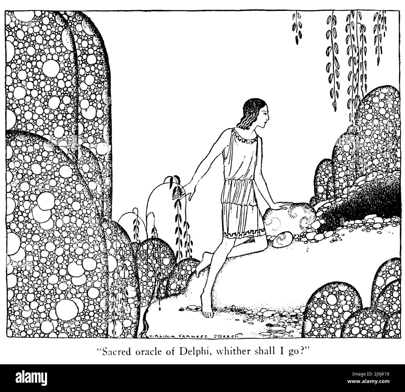 Sacred Oracle of Delphi, wither shall I go? from ' Dragon's Teeth ' from the book ' Tanglewood tales ' by Nathaniel Hawthorne, 1804-1864; Illustrated by Virginia Frances Sterrett, Publication date 1921 Publisher Philadelphia Penn Pub. Co. Tanglewood Tales for Boys and Girls (1853) is a book by American author Nathaniel Hawthorne, a sequel to A Wonder-Book for Girls and Boys. It is a re-writing of well-known Greek myths in a volume for children. Stock Photo