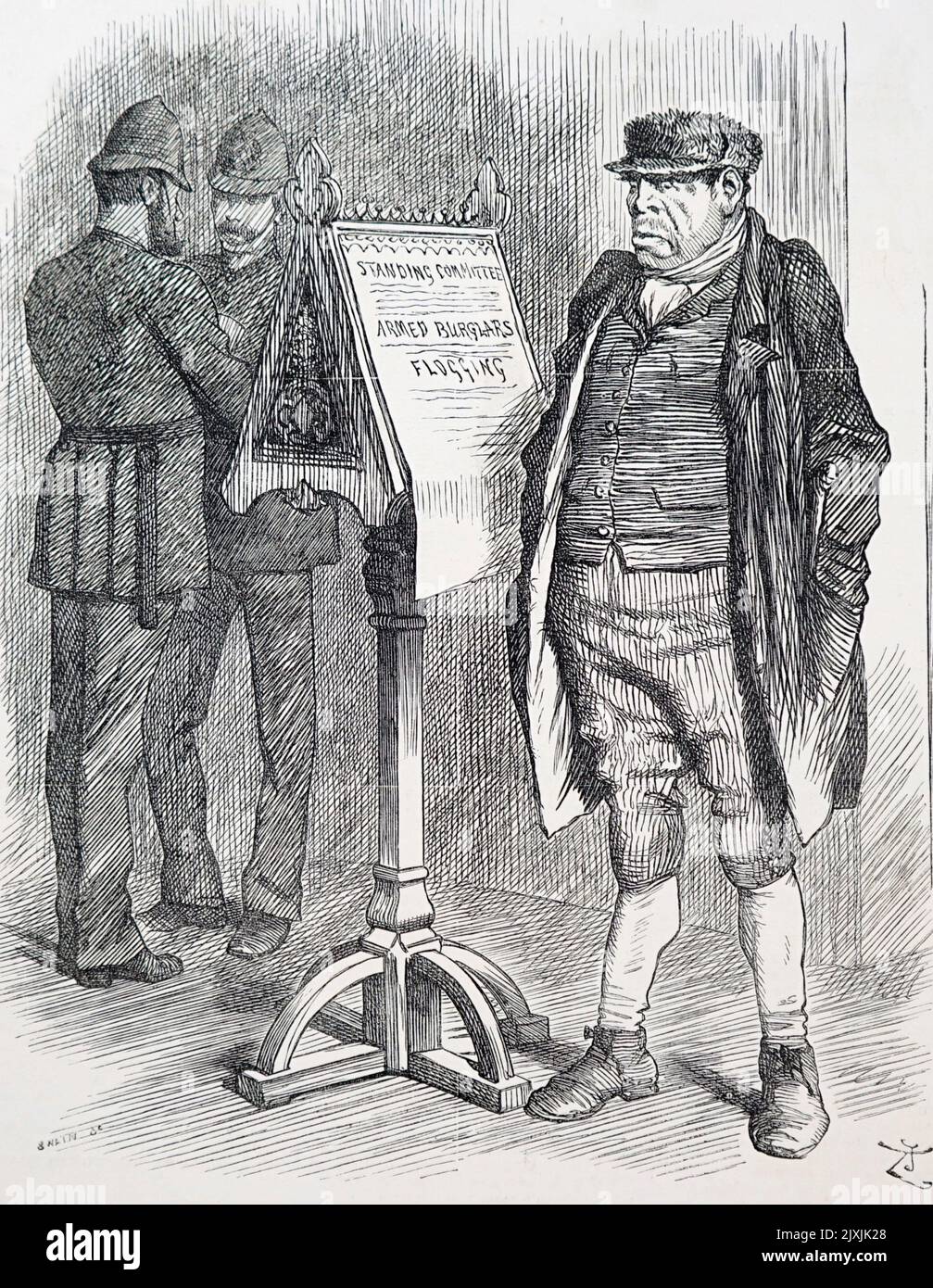 Illustration depicting a criminal avoiding policemen out of fear of being flogged. Dated 19th Century Stock Photo