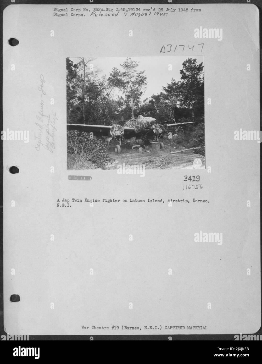 A Japanese Twin Engine fighter on Labuan Island, Airstrip, Borneo, N.E.I. Stock Photo