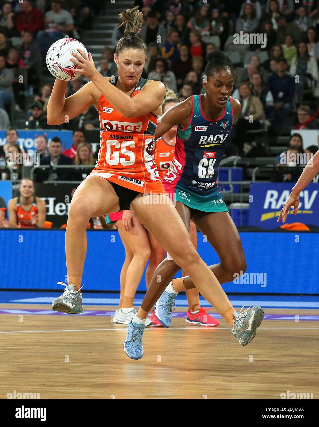 Susan Pettitt of the Giants and Kadie-Ann Dehaney of the Vixens during
