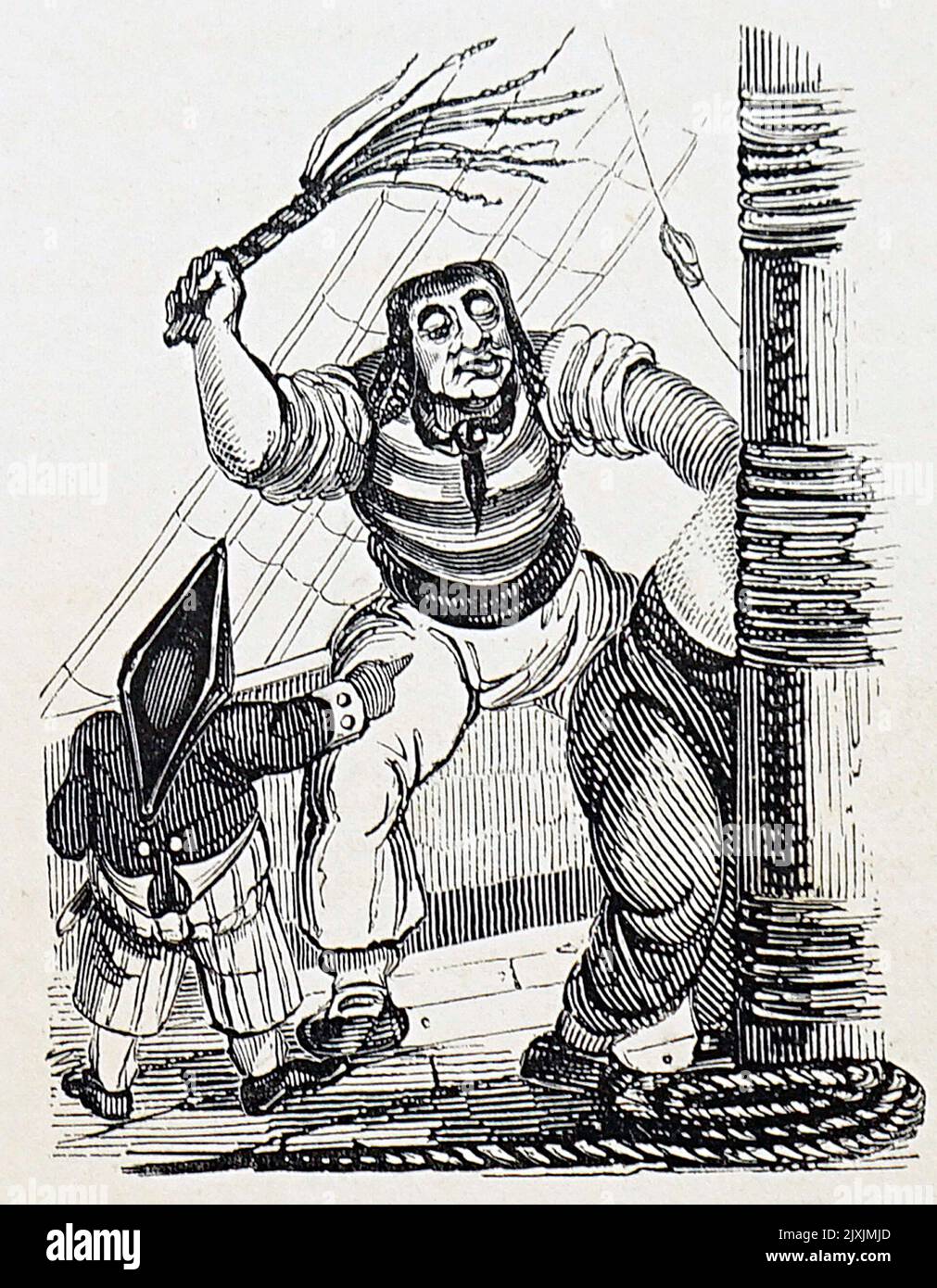 Cartoon depicting a man being flogged on board a ship. Dated 19th Century Stock Photo