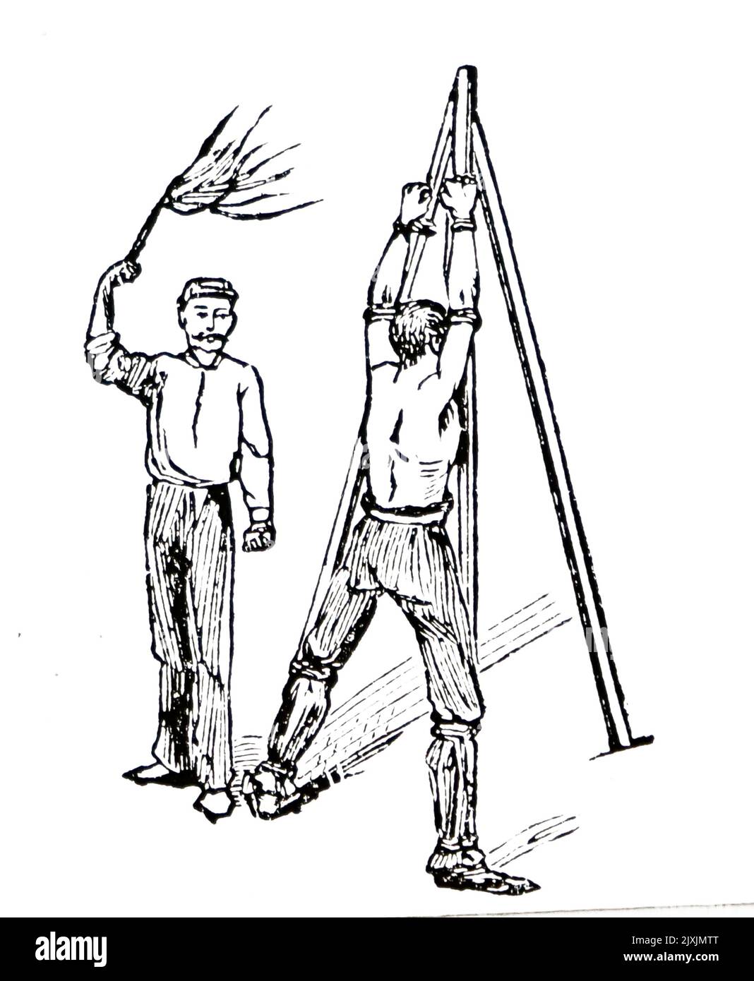 Illustration depicting a 'Cat-o'-nine-tails' using in flogging criminals. Dated 16th Century Stock Photo