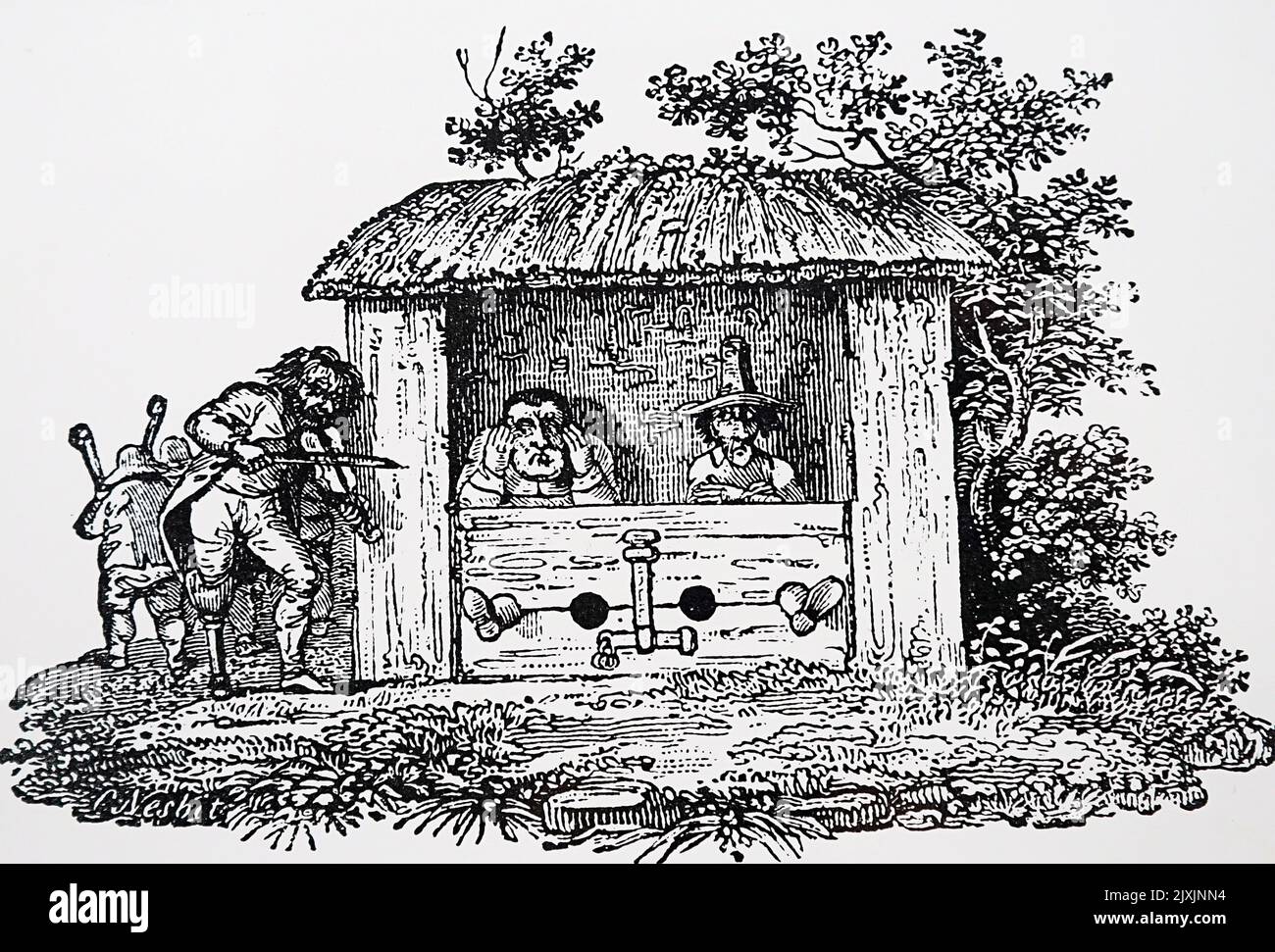 Engraving depicting Hudibras and Ralpho in stocks being serenaded by the fiddler with a wooden leg. Engraved by Charlton Nesbitt (1755-1838). Dated 19th Century Stock Photo