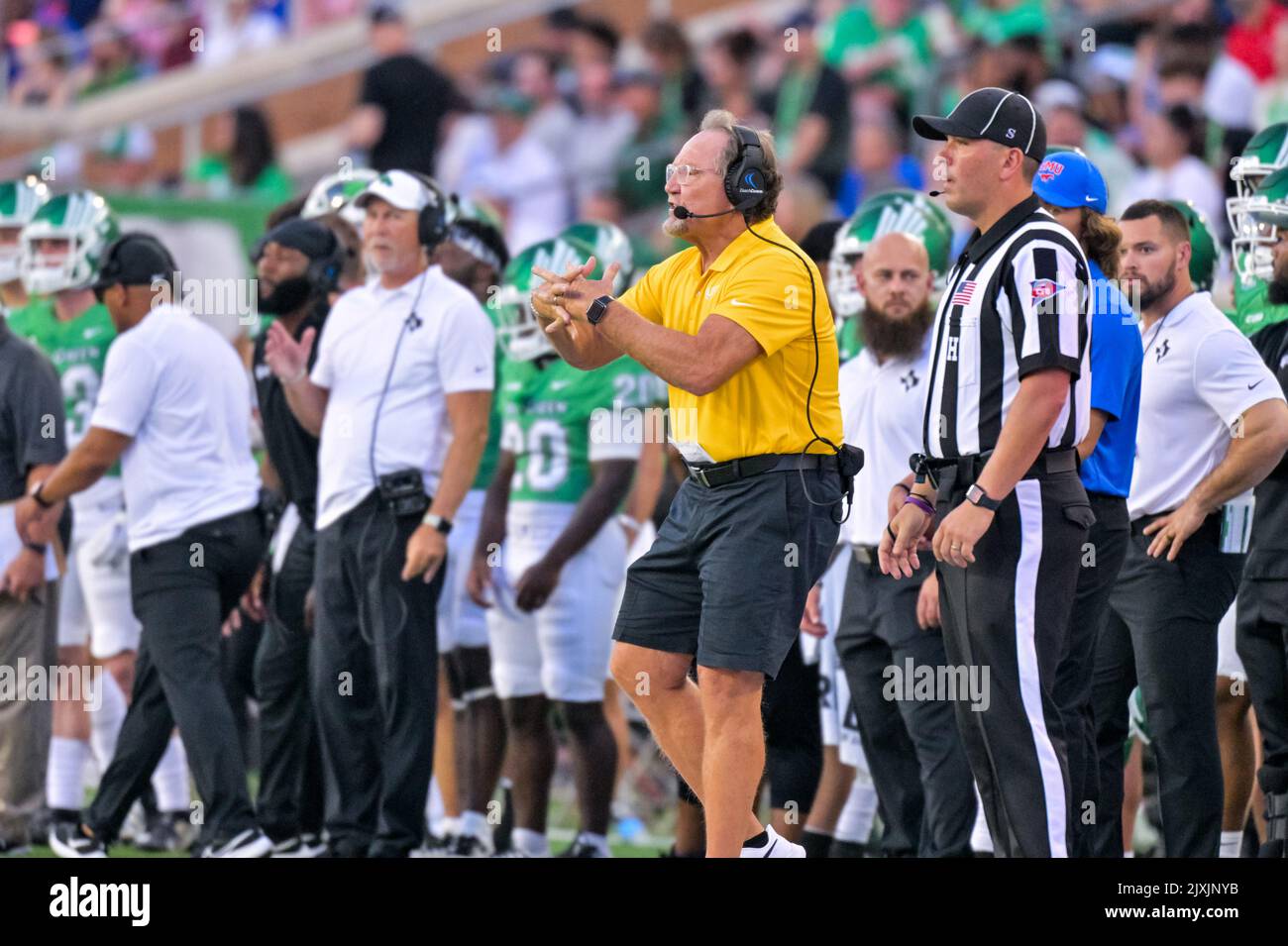 DENTON, TX - September 3rd: .Phil Bennett DC In a game between North Texas Mean Green vs SMU Mustangs at Apogee Stadium in Denton on September 3rd, 2022 in Denton, Texas. CSM/Manny Flores Stock Photo