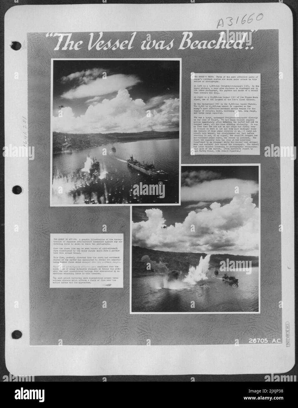 THE ENEMY'S HEST: Three of the most effective units of Japanesean's merchant marine are shown under attack in this series of photographs. At left is a 3,800-ton freighter-transport (32). In the upper picture, a near miss explodes to starboard and in the Stock Photo