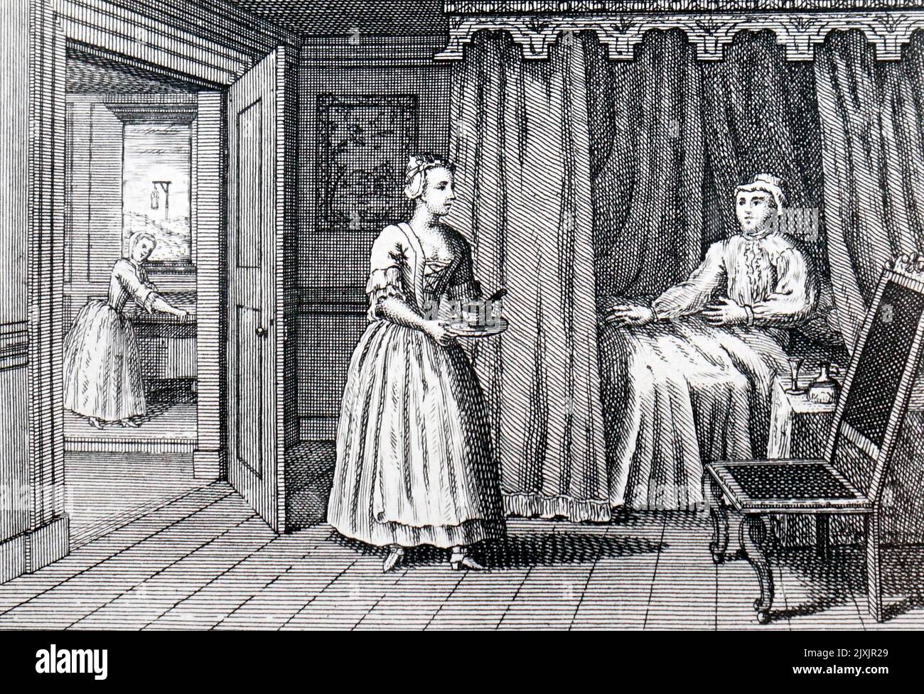 Illustration titled 'murder by poison' depicting a young wife murdering her old husband so that she may marry her younger lover. Dated 18th Century Stock Photo