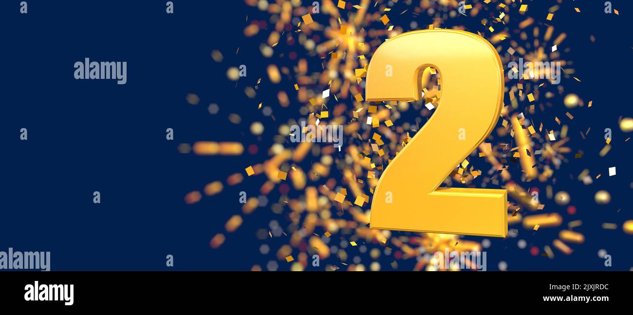 Gold number 2 in the foreground with gold confetti falling and fireworks behind out of focus against a dark blue background. 3D Illustration Stock Photo