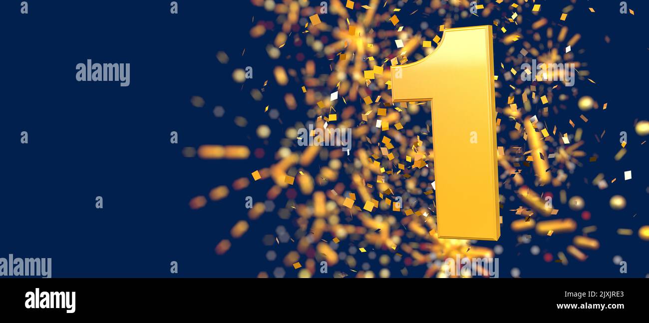Gold number 1 in the foreground with gold confetti falling and fireworks behind out of focus against a dark blue background. 3D Illustration Stock Photo