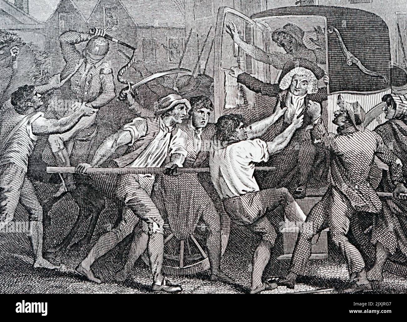 Copperplate engraving depicting the murder of Arthur Wolfe, 1st Viscount Kilwarden (1739-1803) an Irish peer, politician and judge. Dated 19th Century Stock Photo