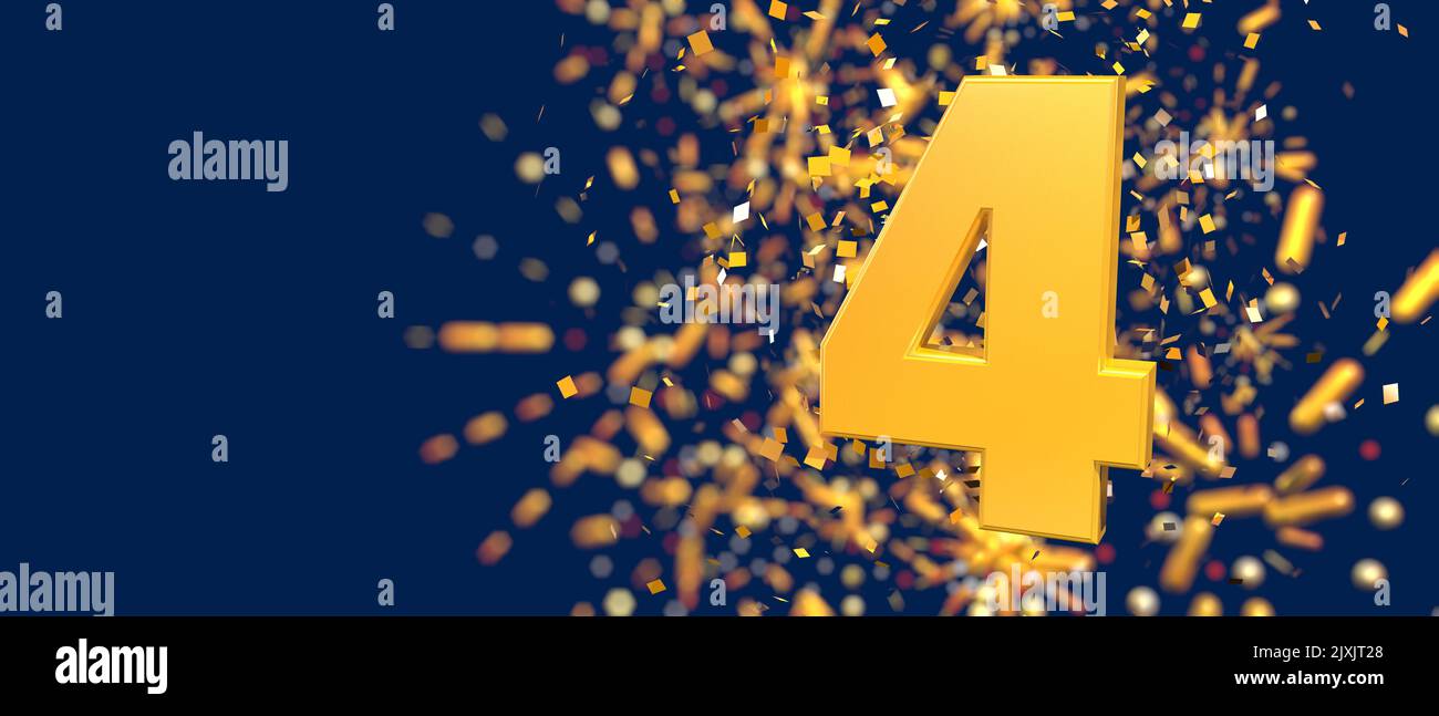 Gold number 4 in the foreground with gold confetti falling and fireworks behind out of focus against a dark blue background. 3D Illustration Stock Photo