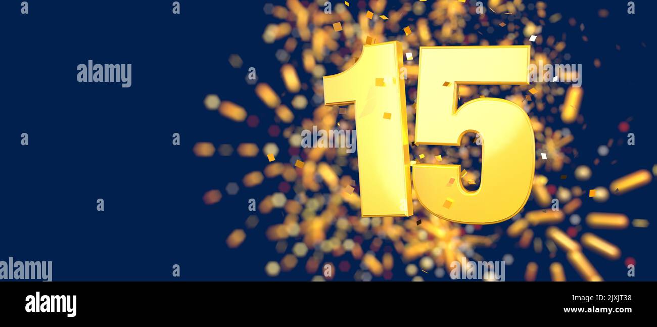 Gold number 15 in the foreground with gold confetti falling and fireworks behind out of focus against a dark blue background. 3D Illustration Stock Photo