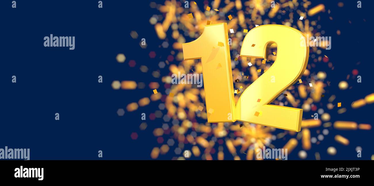 Gold number 12 in the foreground with gold confetti falling and fireworks behind out of focus against a dark blue background. 3D Illustration Stock Photo