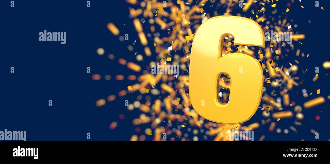 Gold number 6 in the foreground with gold confetti falling and fireworks behind out of focus against a dark blue background. 3D Illustration Stock Photo
