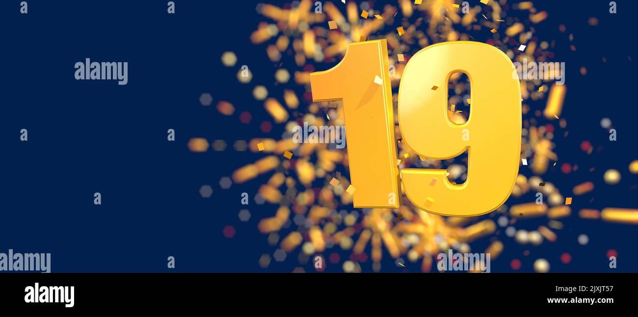 Gold number 19 in the foreground with gold confetti falling and fireworks behind out of focus against a dark blue background. 3D Illustration Stock Photo