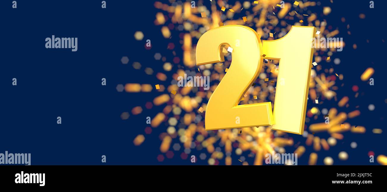 Gold number 21 in the foreground with gold confetti falling and fireworks behind out of focus against a dark blue background. 3D Illustration Stock Photo