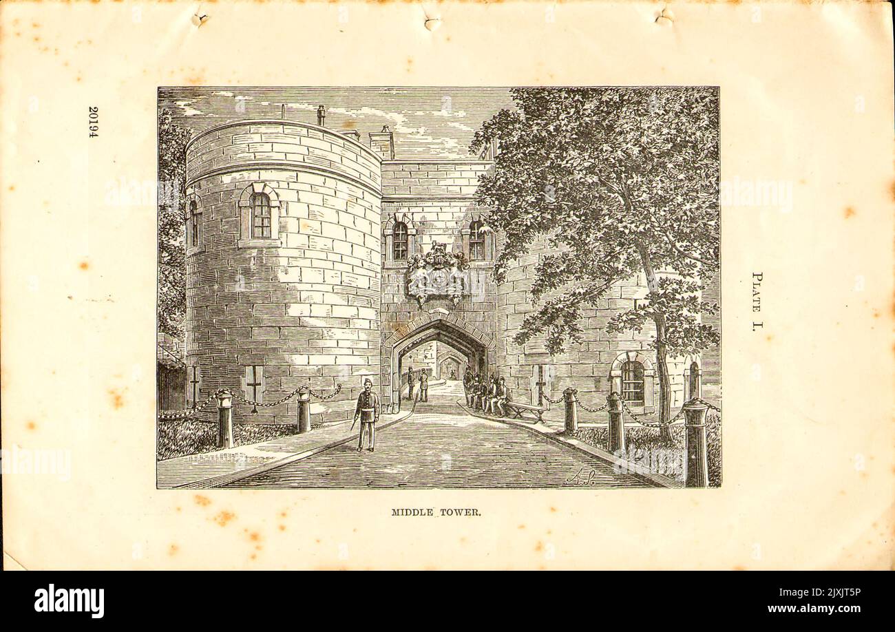 Middle Tower from the pamphlet ' Authorised Guide to the Tower of London ' by Loftie, W. J. (William John), 1839-1911; Dillon, Harold Arthur Lee-Dillon, 17th Viscount Dillon, 1844-1932 Publication date 1911 Publisher His Majesty's Stationery Office (HMSO) Stock Photo