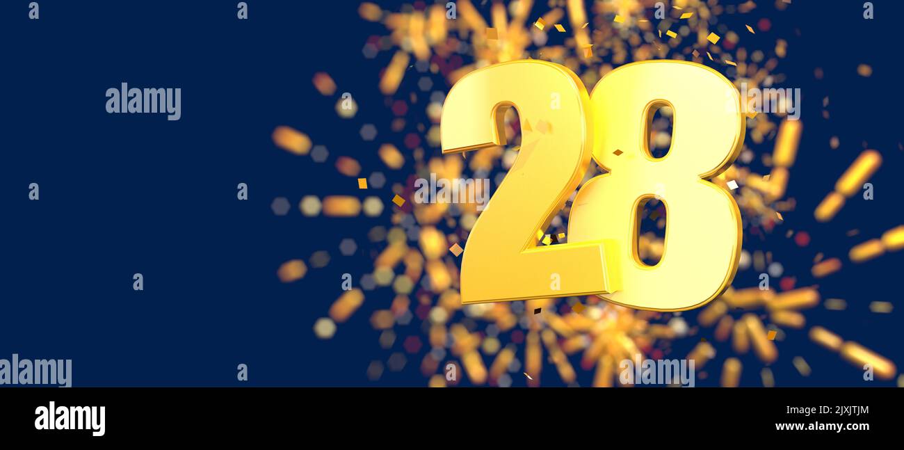 Gold number 28 in the foreground with gold confetti falling and fireworks behind out of focus against a dark blue background. 3D Illustration Stock Photo