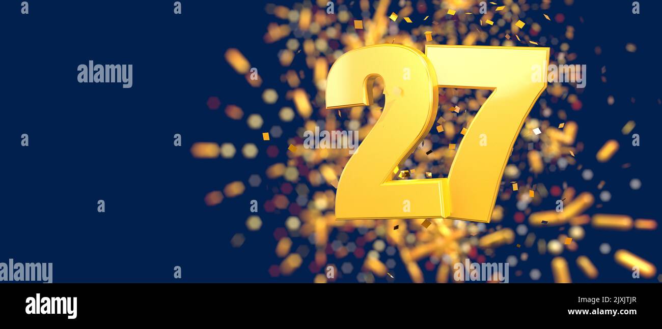Gold number 27 in the foreground with gold confetti falling and fireworks behind out of focus against a dark blue background. 3D Illustration Stock Photo