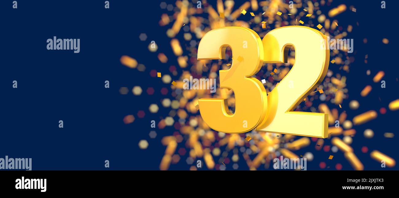Gold number 32 in the foreground with gold confetti falling and fireworks behind out of focus against a dark blue background. 3D Illustration Stock Photo