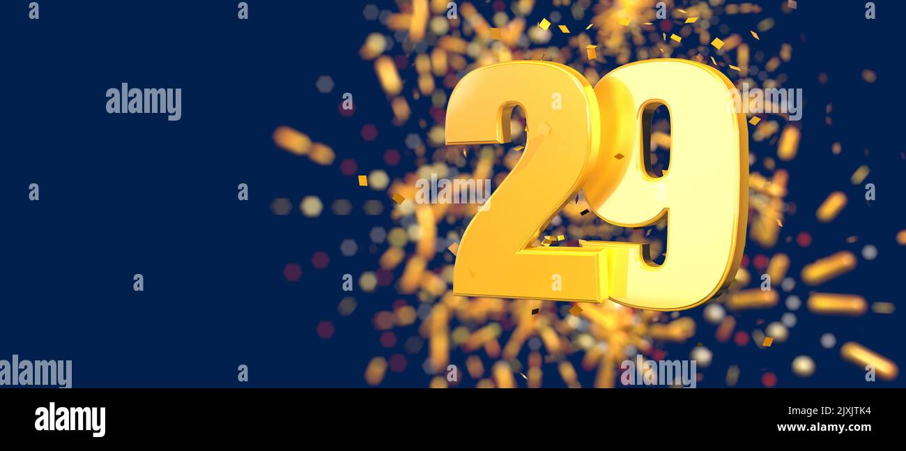Gold number 29 in the foreground with gold confetti falling and fireworks behind out of focus against a dark blue background. 3D Illustration Stock Photo