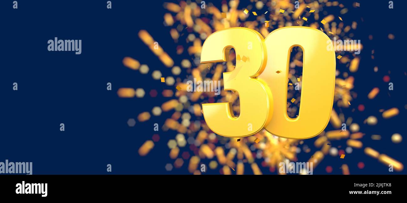 Gold number 30 in the foreground with gold confetti falling and fireworks behind out of focus against a dark blue background. 3D Illustration Stock Photo
