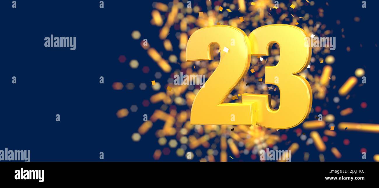 Gold number 23 in the foreground with gold confetti falling and fireworks behind out of focus against a dark blue background. 3D Illustration Stock Photo