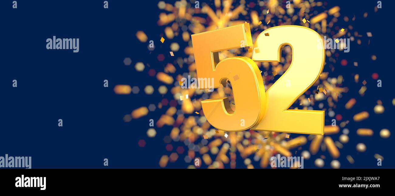 Gold number 52 in the foreground with gold confetti falling and fireworks behind out of focus against a dark blue background. 3D Illustration Stock Photo