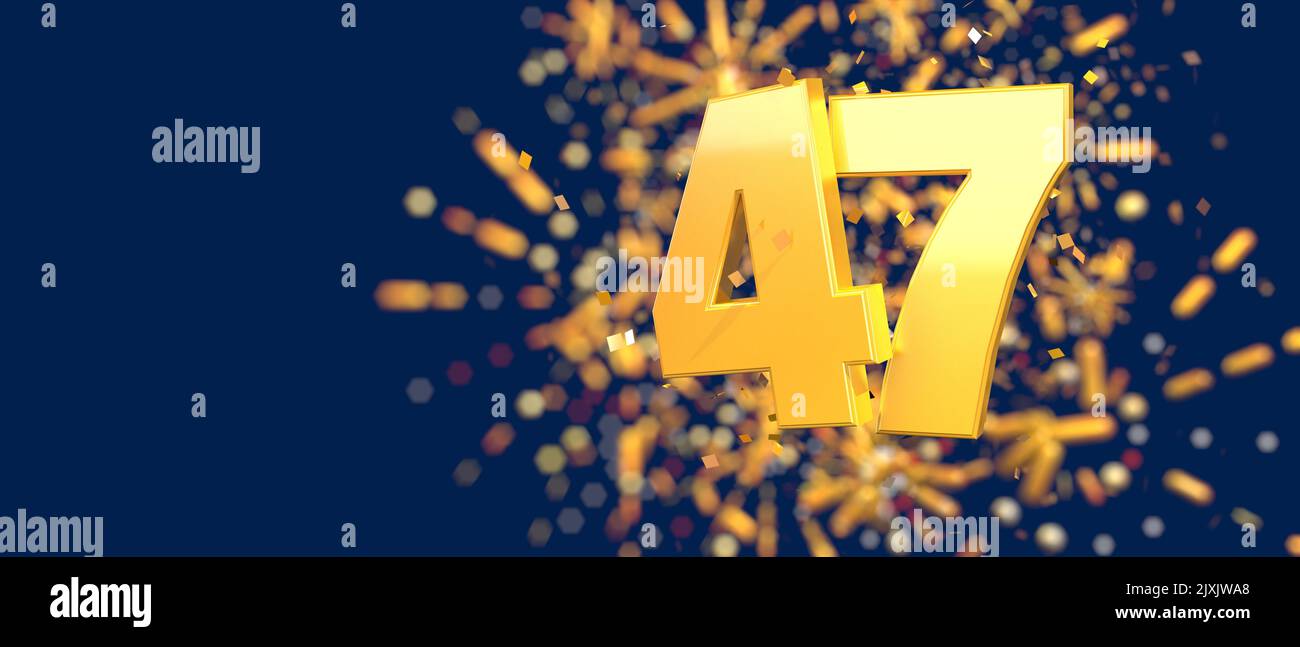 Gold number 47 in the foreground with gold confetti falling and fireworks behind out of focus against a dark blue background. 3D Illustration Stock Photo