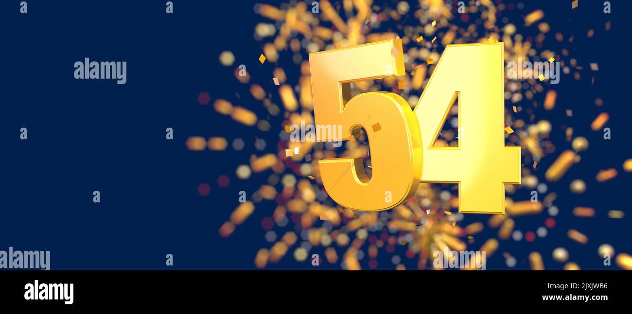 Gold number 54 in the foreground with gold confetti falling and fireworks behind out of focus against a dark blue background. 3D Illustration Stock Photo