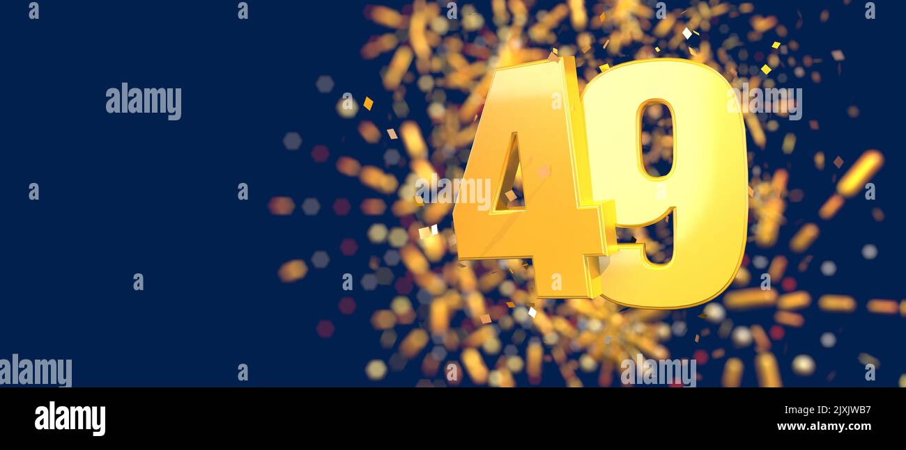 Gold number 49 in the foreground with gold confetti falling and fireworks behind out of focus against a dark blue background. 3D Illustration Stock Photo