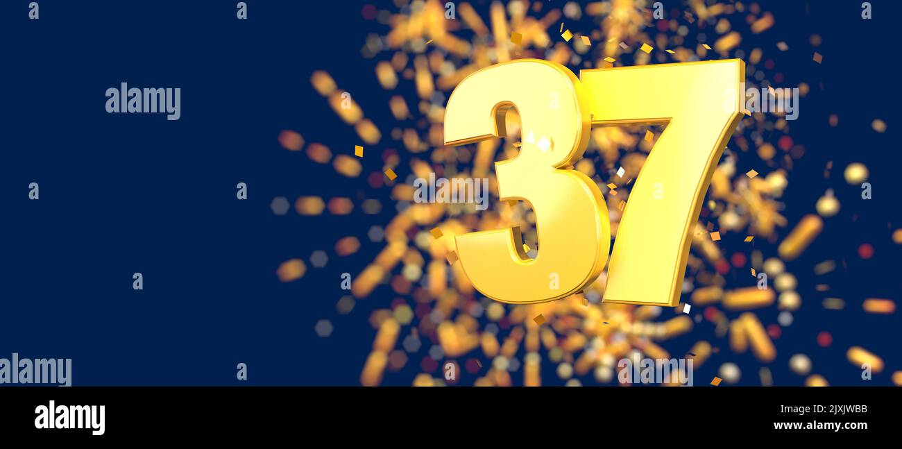 Gold number 37 in the foreground with gold confetti falling and fireworks behind out of focus against a dark blue background. 3D Illustration Stock Photo