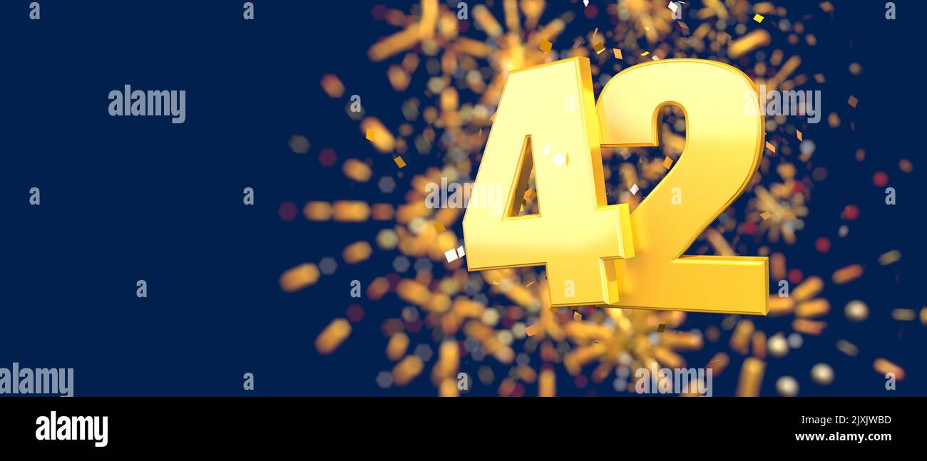 Gold number 42 in the foreground with gold confetti falling and fireworks behind out of focus against a dark blue background. 3D Illustration Stock Photo