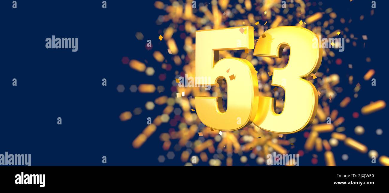 Gold number 53 in the foreground with gold confetti falling and fireworks behind out of focus against a dark blue background. 3D Illustration Stock Photo