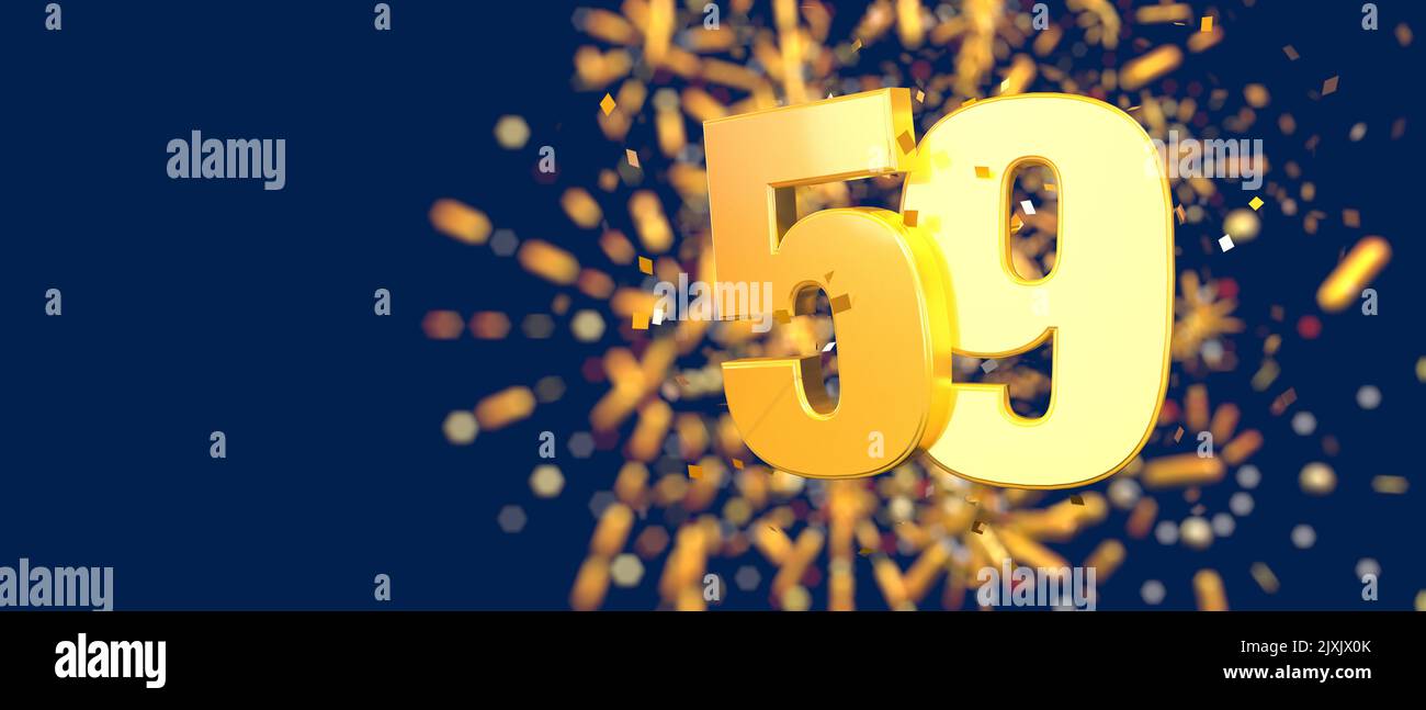 Gold number 59 in the foreground with gold confetti falling and fireworks behind out of focus against a dark blue background. 3D Illustration Stock Photo