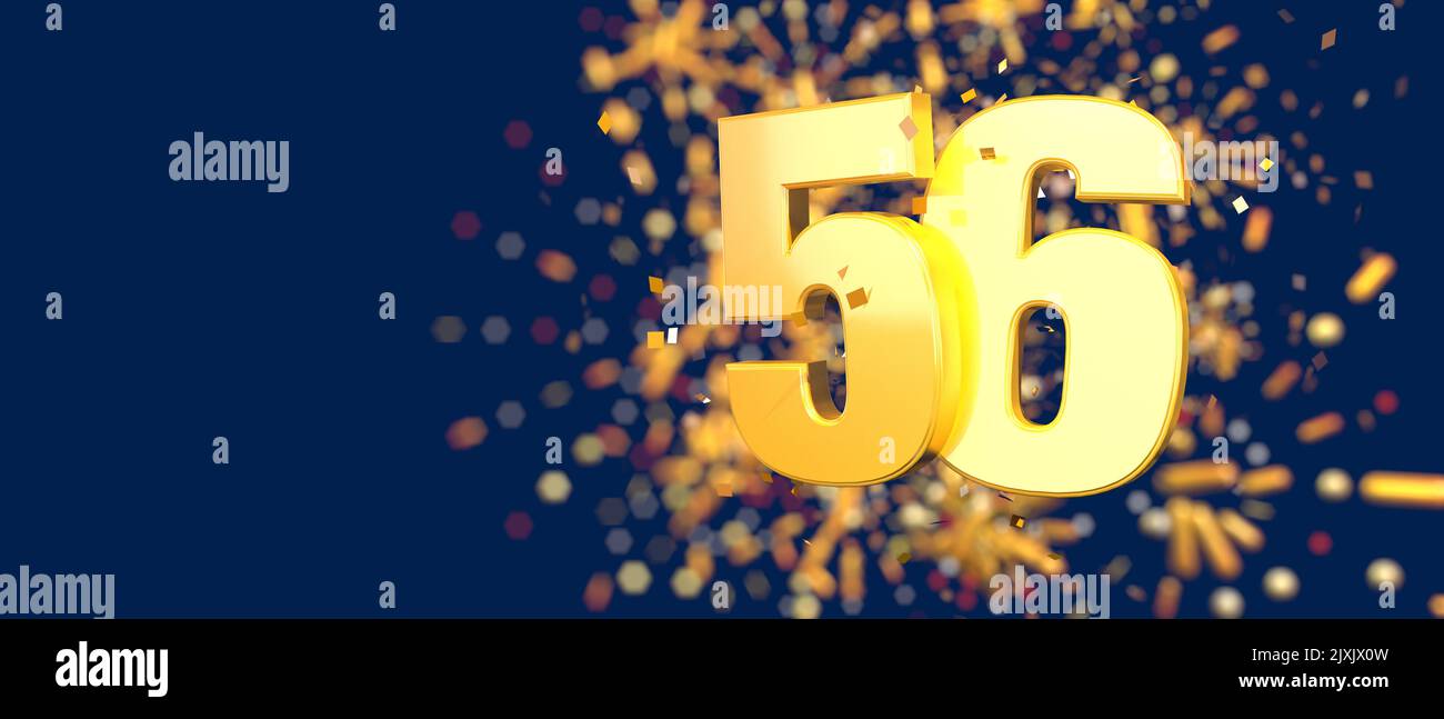 Gold number 56 in the foreground with gold confetti falling and fireworks behind out of focus against a dark blue background. 3D Illustration Stock Photo