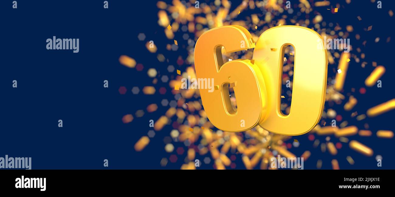 Gold number 60 in the foreground with gold confetti falling and fireworks behind out of focus against a dark blue background. 3D Illustration Stock Photo