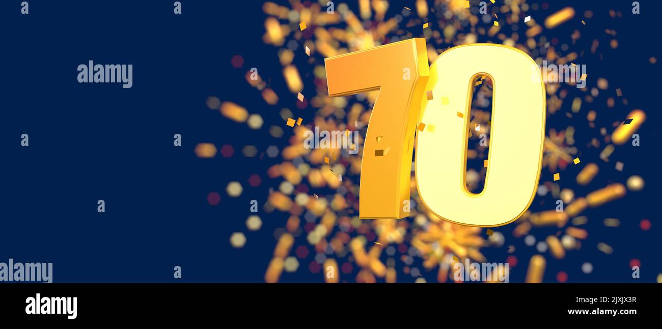 Gold number 70 in the foreground with gold confetti falling and fireworks behind out of focus against a dark blue background. 3D Illustration Stock Photo