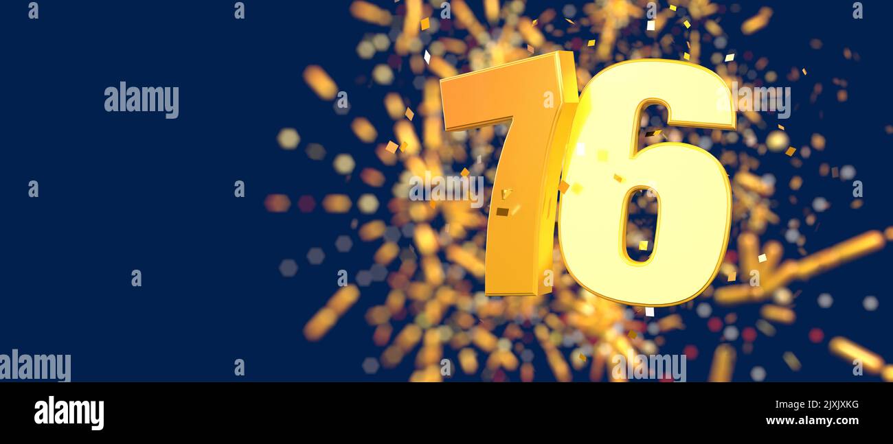 Gold number 76 in the foreground with gold confetti falling and fireworks behind out of focus against a dark blue background. 3D Illustration Stock Photo